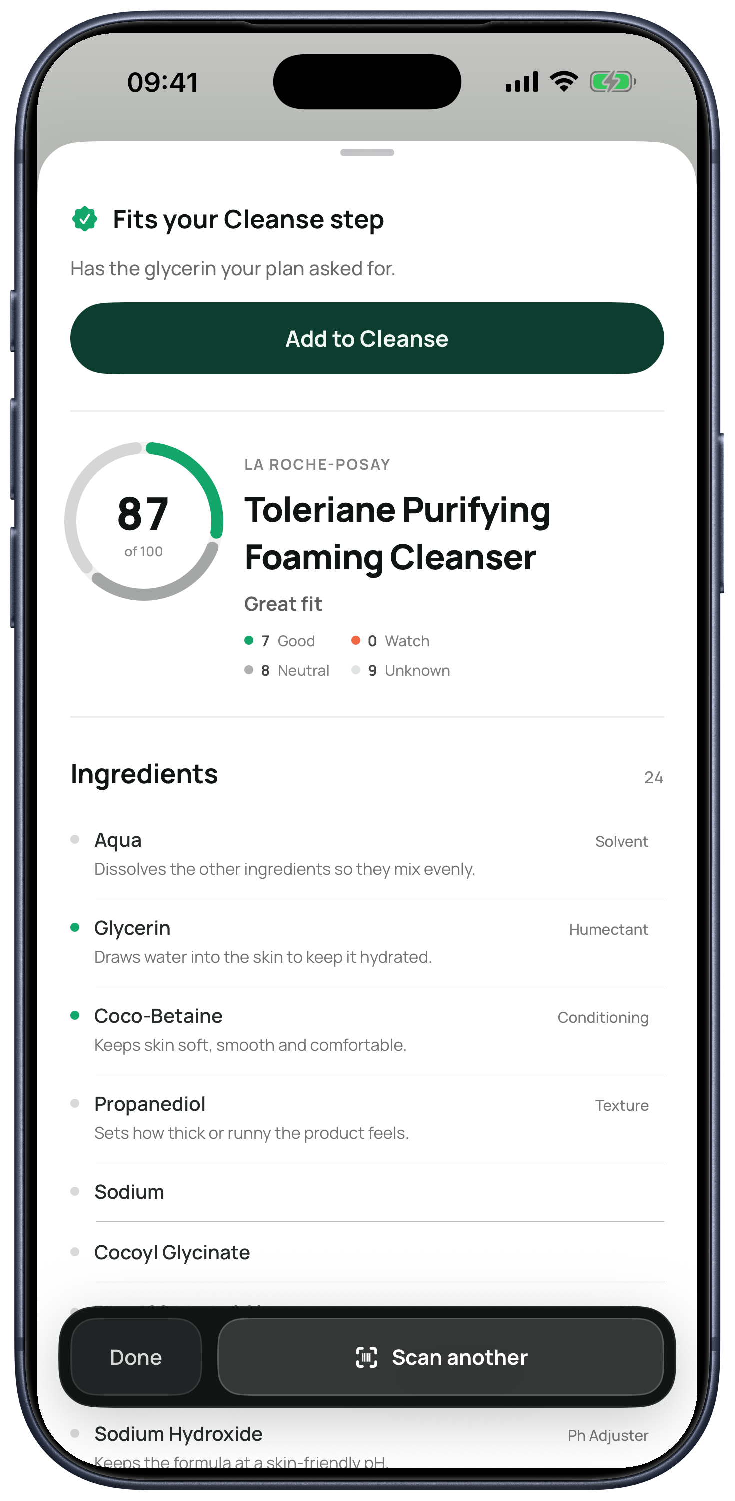 Kelp product result displayed in an iPhone 17 Pro Max, showing a cleanser scored 87 of 100, marked as fitting the Cleanse step, above its ingredient list