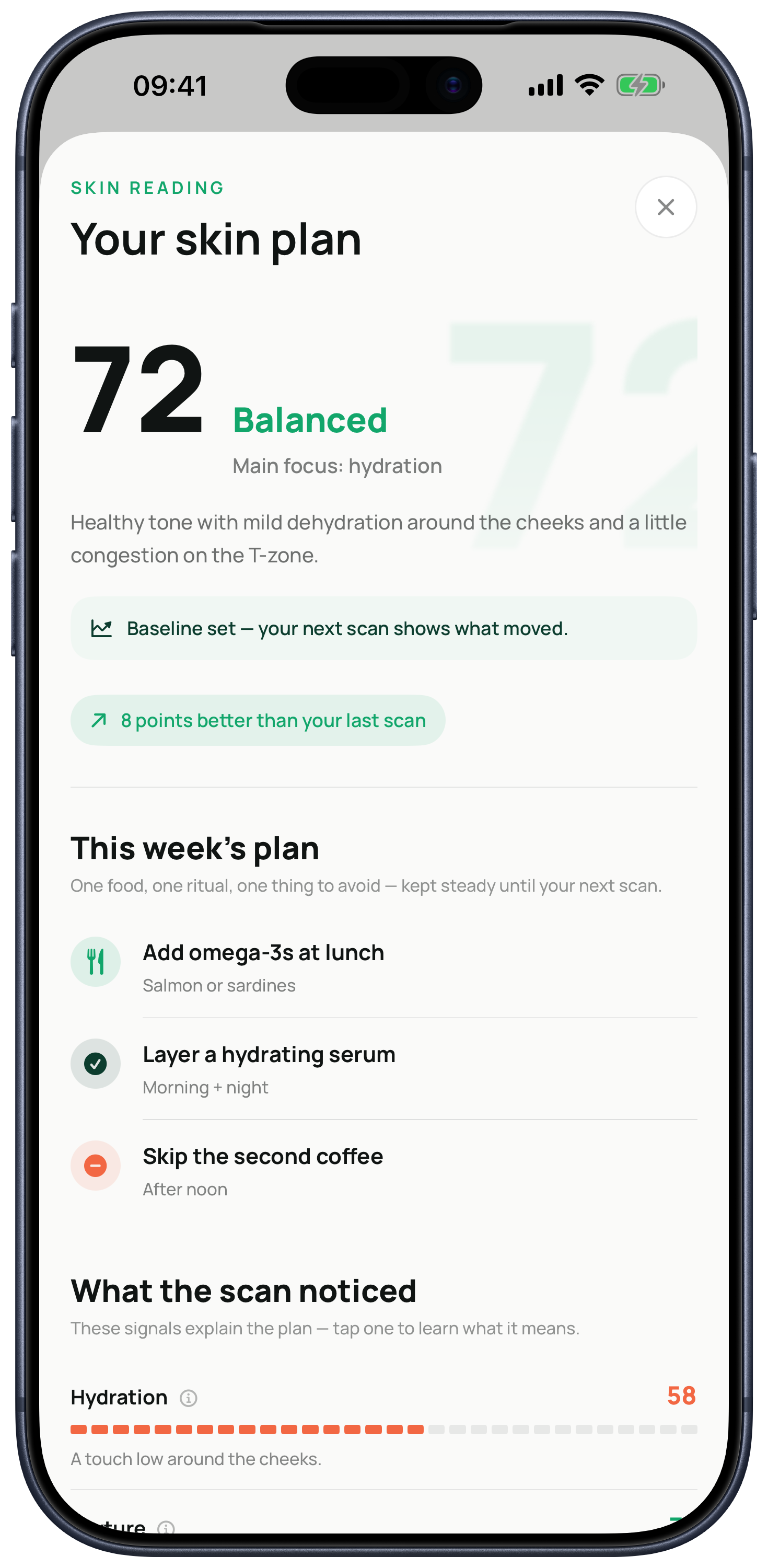 Kelp skin reading displayed in an iPhone 17 Pro Max, with score, weekly plan, and skin signal breakdown