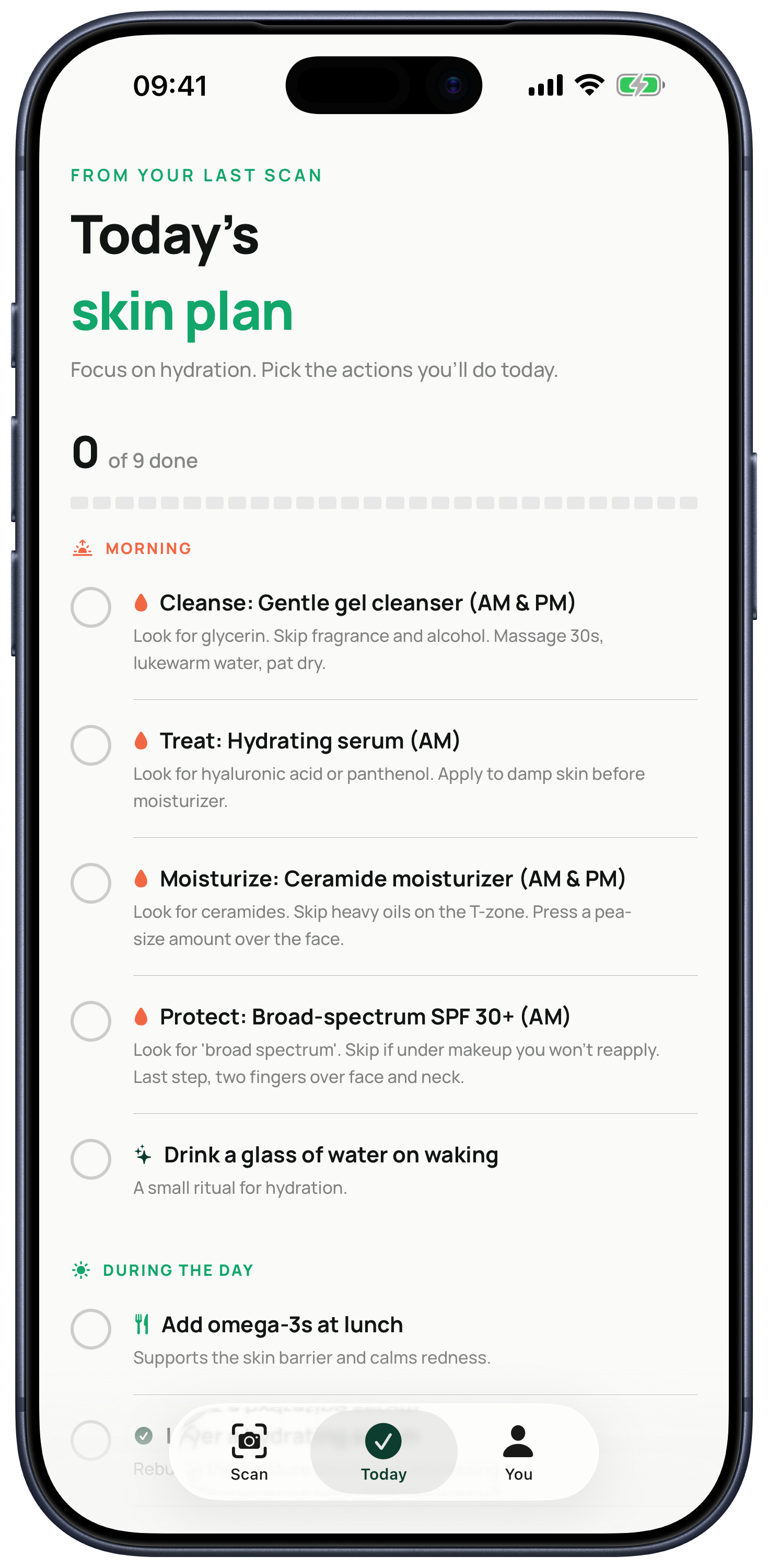 Kelp daily plan displayed in an iPhone 17 Pro Max, showing skincare, nutrition, and habit actions